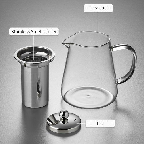 Glass Tea Pot 950ML, Borosilicate Glass Tea Kettle with Detachable Stainless Steel Infuser, Clear Teapot for Loose Leaf Tea, Blooming Tea, Tea bags 32oz