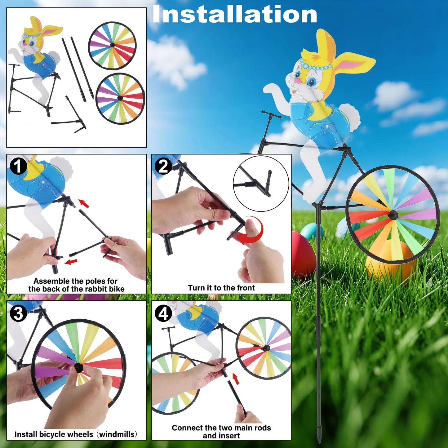 winemana Easter Decorations Outdoor- 2 Pcs Easter Pinwheels Decor for Yard, 36.5" Windmills Bunny Garden Stakes & Wind Spinner for Kids
