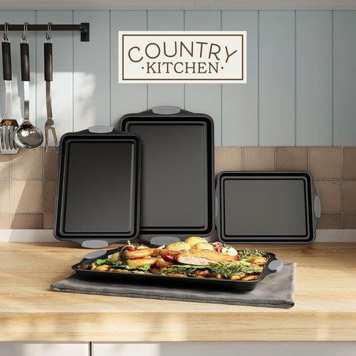Country Kitchen Nonstick Bakeware Set - Heavy Duty & Durable, Easy Release, Grey | 4 Pieces