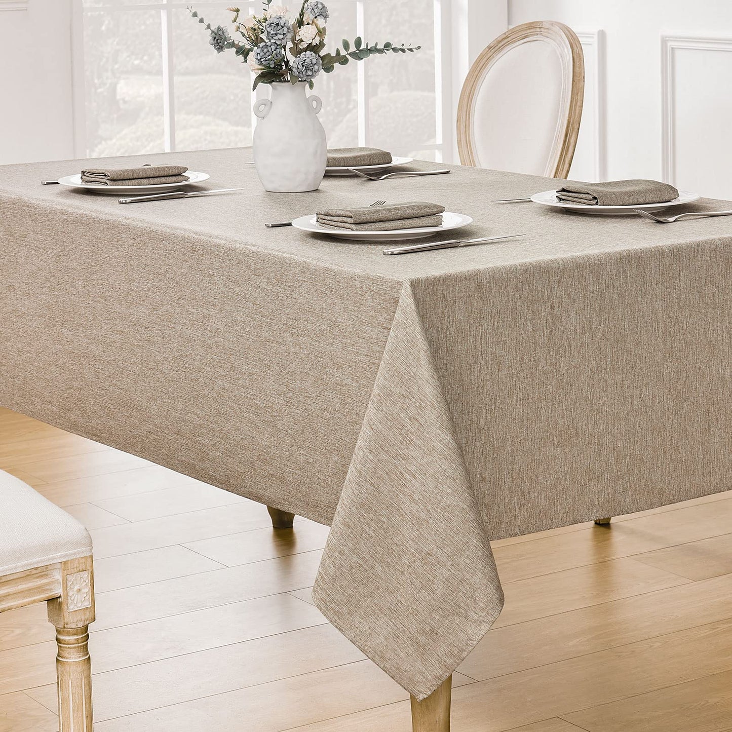 Veblandy Rectangle Tablecloth Linen Textured Waterproof & Stain Resistant Table Cloth Wrinkle Free Decorative Fabric Farmhouse Table Cover for Dining/Party/Buffet/Wedding, 60 x 84 Inch, Mocha