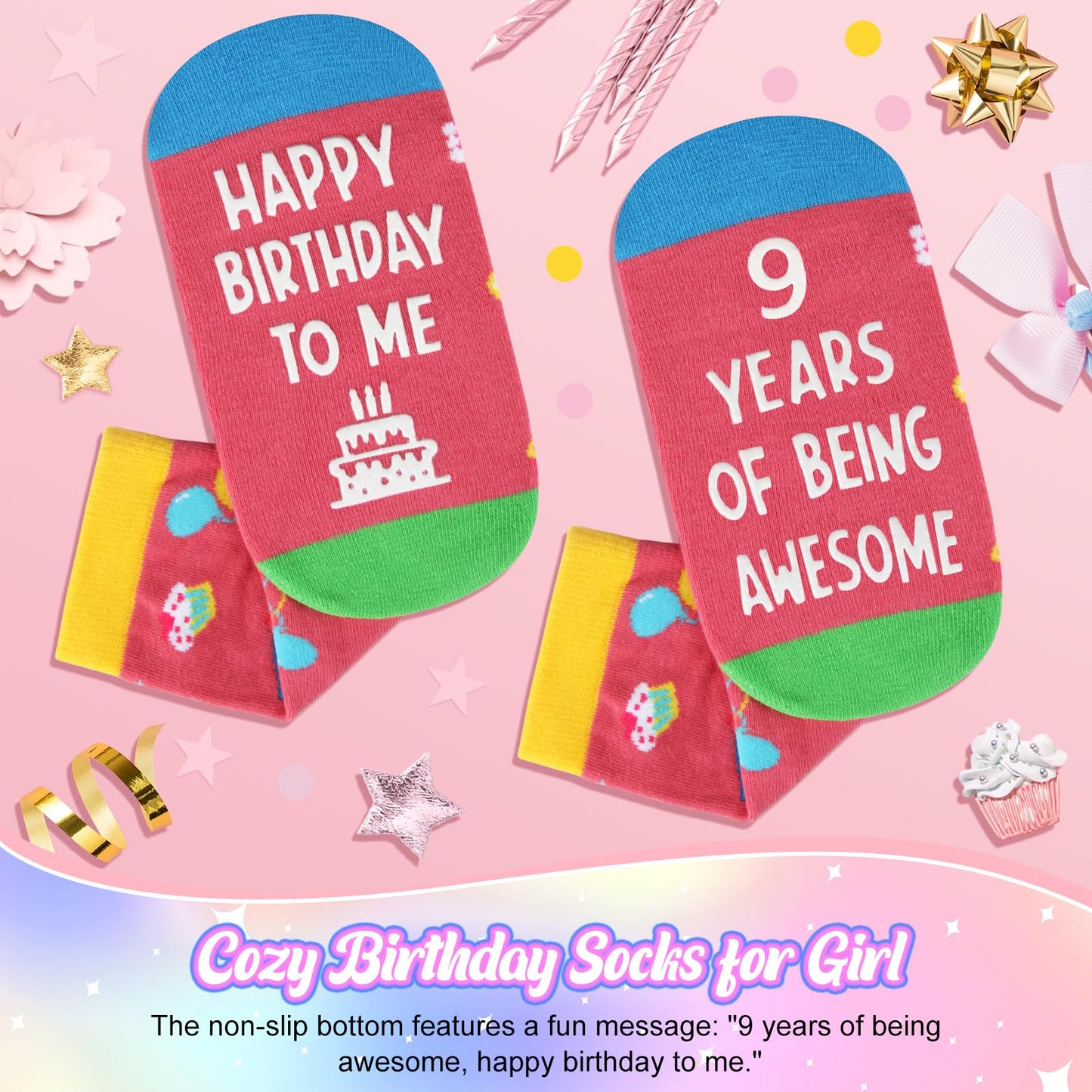 ZZTDSD 9 Year Old Girl Birthday Gift Set, Gifts for 9 Year Old Girls with Glass Cup (16oz), Socks, Pearl Necklace, Beaded Bracelet, Birthday Hat, Sash & Card