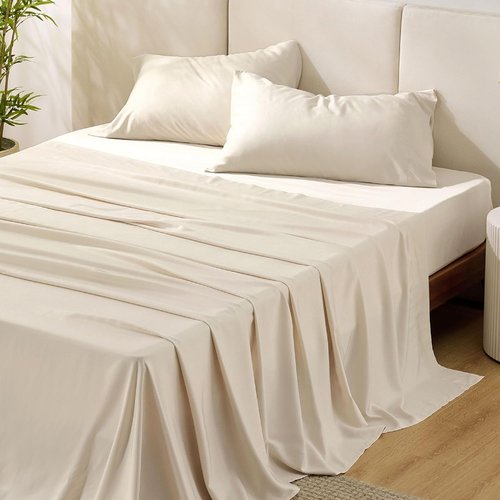 Bedsure Cooling Bed Sheets - Breathable Rayon from Bamboo | Full Size, Deep Pocket Up to 16 Inches, Light Beige