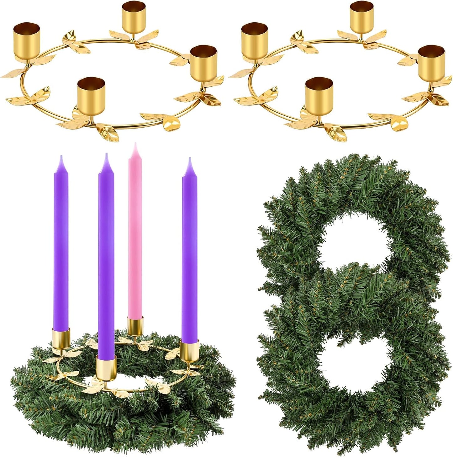 Norfolk Pine | 2 Pcs Christmas Advent Wreath Candle Holder Set - Gold Ring Design for Festive Table Centerpiece