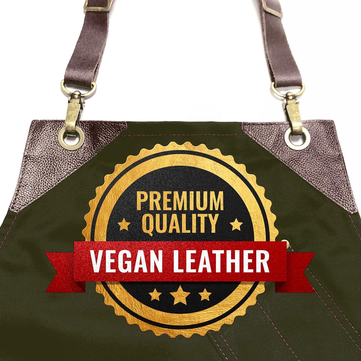 Under NY Sky Barista Apron - Brown Leather Straps and Reinforcement - Riveted Pockets - Double Stiched - Leather Ring Loop - Professional Green Twill - Double as Half Bistro Apron - Chefs, Bartender