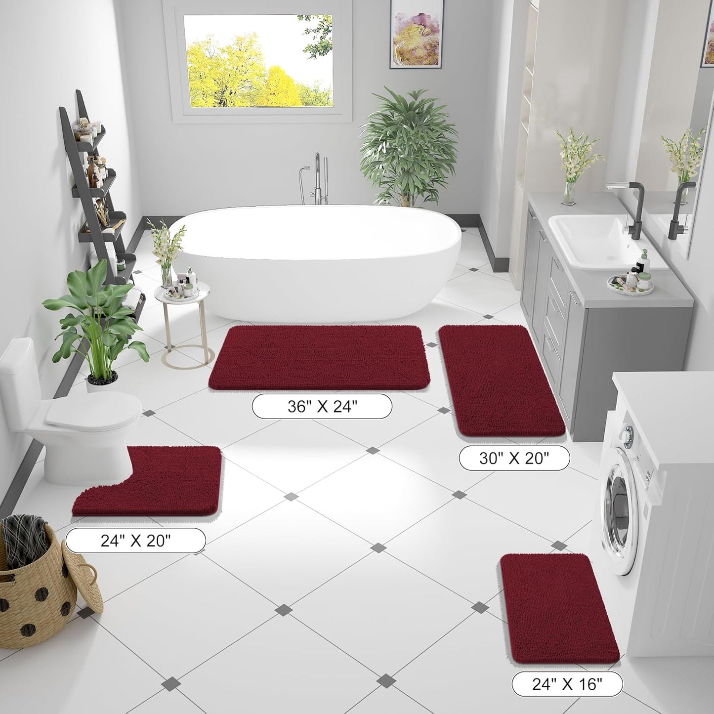 OLANLY Bathroom Rugs - Extra Soft Chenille Bath Mats with Rubber Backing | 30x20, Quick Dry, Burgundy