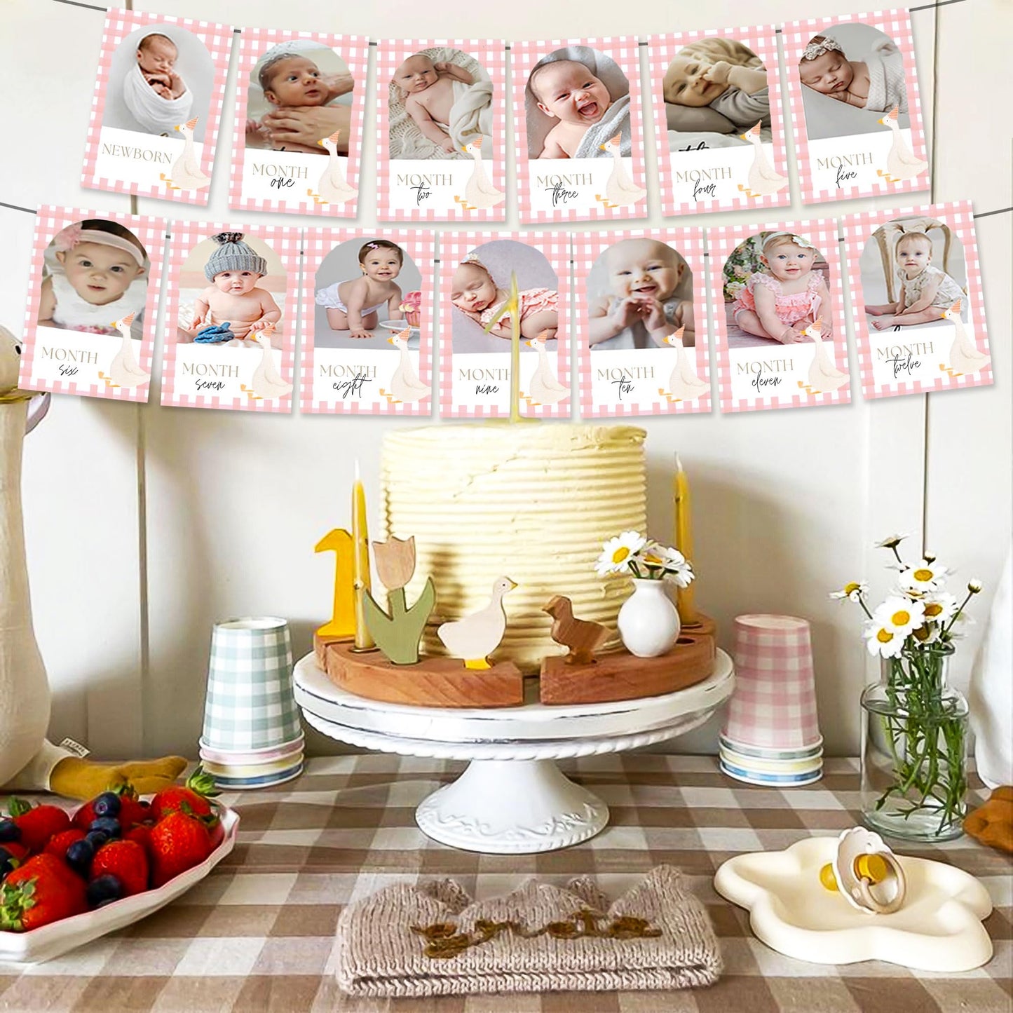 Pink One Silly Goose Photo Banner Silly Goose 1st Birthday Decor Girl for Newborn to 12 Months Picture Banner Goose First Birthday Party Supplies Monthly Milestones Frame