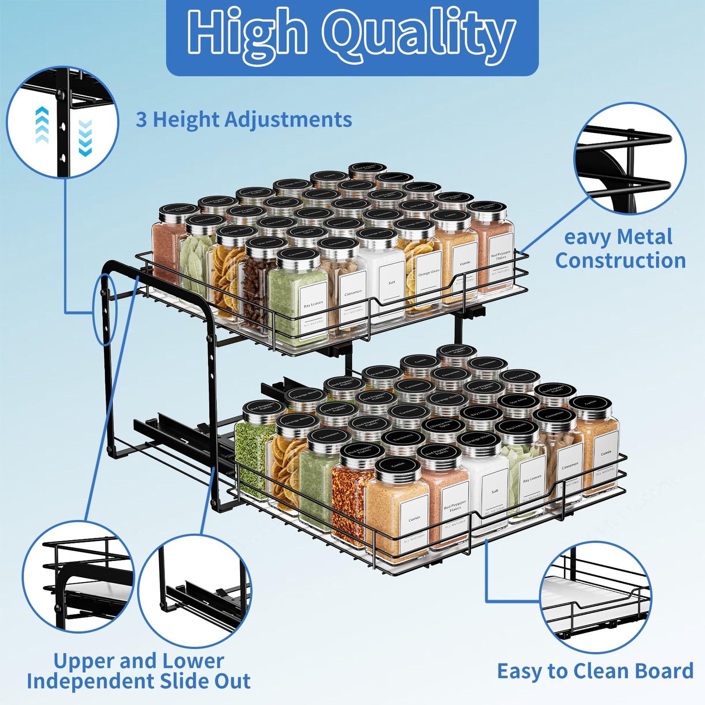 BOIVSHI 2-Tier Pull Out Spice Rack, Spice Rack Organizer, Pull Out Spice Racks for Inside Cabinets, Height Adjustable Heavy Duty Metal Basket for Inside Cabinet & Pantry (13.5''Wx10.5''Dx9.5''H)