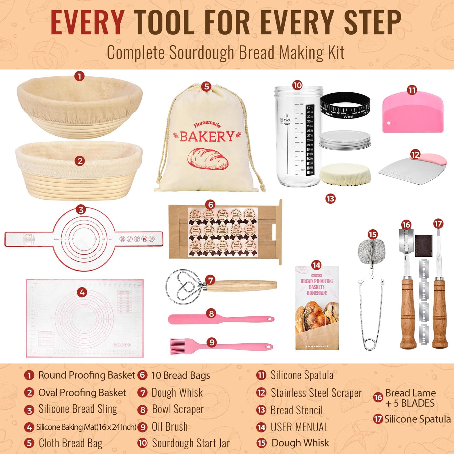 Sourdough Starter Kit | Complete Sourdough Bread Baking Supplies & Sour Dough Bread Making Kit with Proofing Baskets (8.5" & 10") All-in-One Baking Tools & Gift Set for Women, Beginners & Home Bakers