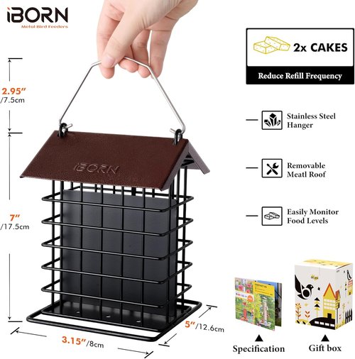iBorn Suet Bird Feeder - Weatherproof Metal Roof & Squirrel Proof Hanger - 1 Pack, Coffee Color