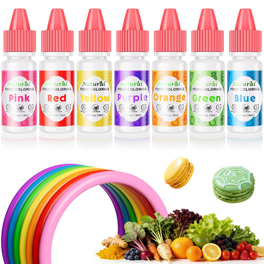 Natural Food Coloring Kit - 7 Colors Dye Free Natural Food Dye, FD&C Artificial Dye Free Liquid Food Coloring for Baking, Cake Decorating, Frosting, Easter Eggs, Fondant & Cookies, 6ml (0.25 fl oz)