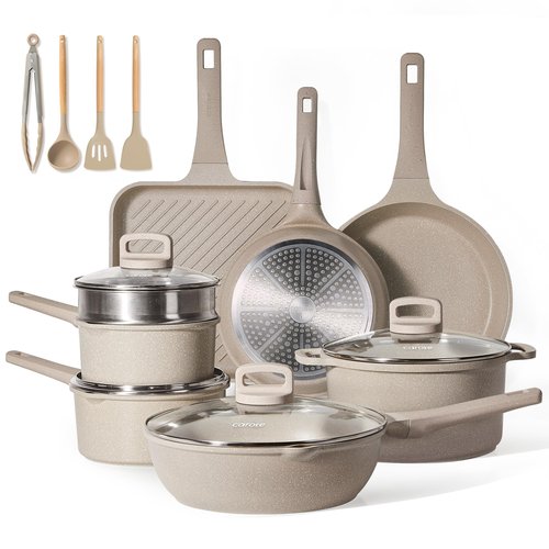 CAROTE Pots and Pans Set Non Stick, 16Pcs Kitchen Cookware Set, Stackable Induction Cookware, Pot and Pan set, Pans for Cooking, Taupe Granite，Pots and Pans Set Non Stick,