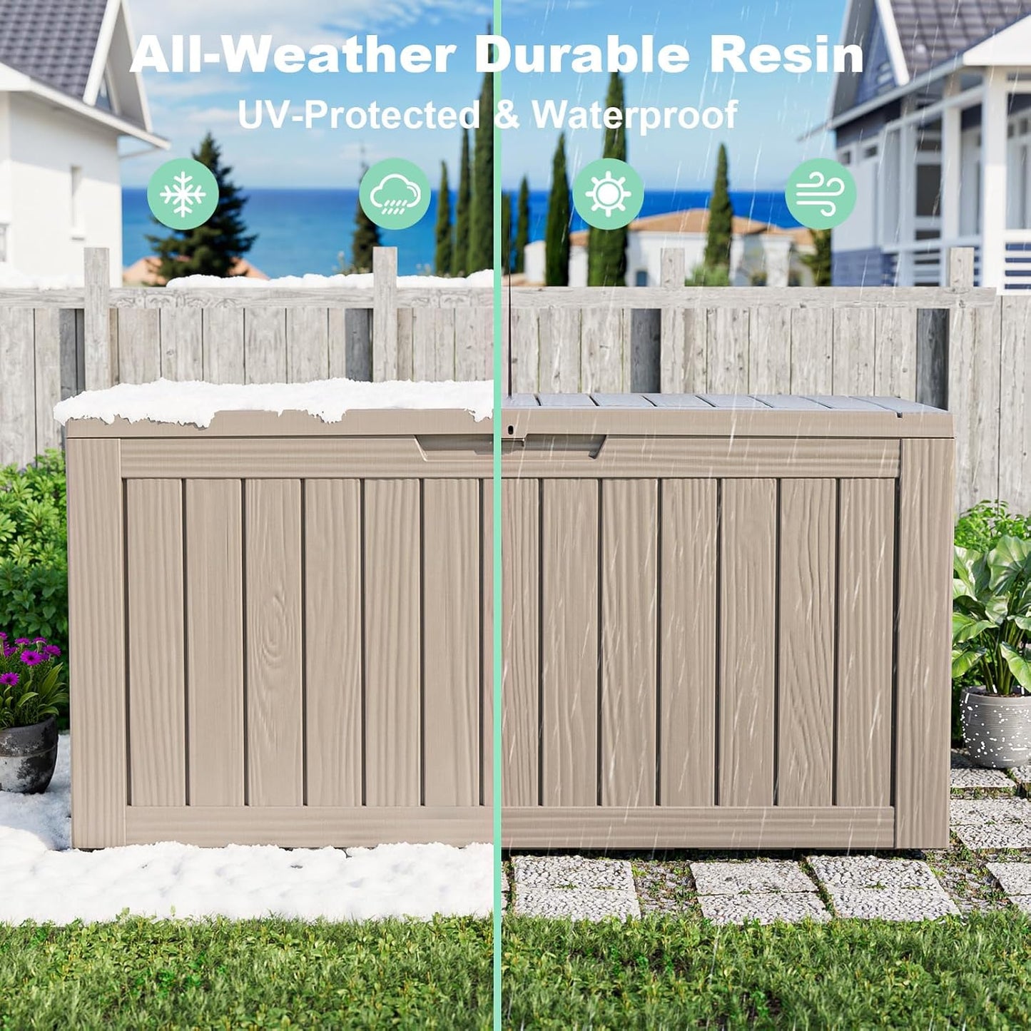 Skiennix 86 Gallon Outdoor Deck Box - Lockable Waterproof Storage for Garden Tools & Cushions | Grey