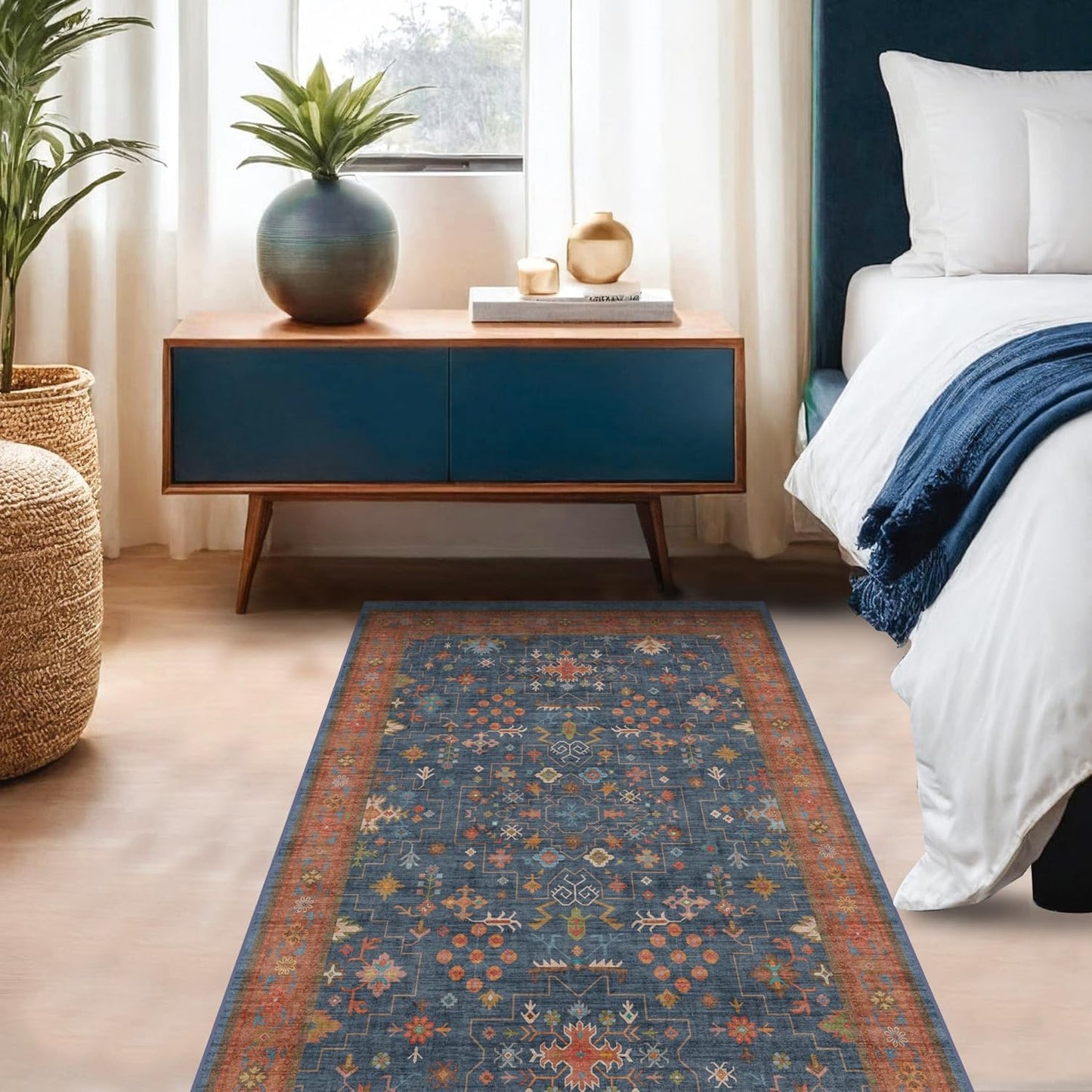 Skiennix Washable 4x6 Area Rug - Stain Resistant Non-Slip Design for Living Room & Kitchen | Navy Blue