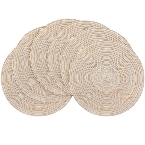 Floroom 15 Inch Round Braided Placemats Set of 6, Washable Heat Resistant Cotton Polyester Circle Place Mats for Kitchen Dining Table - Canvas Beige