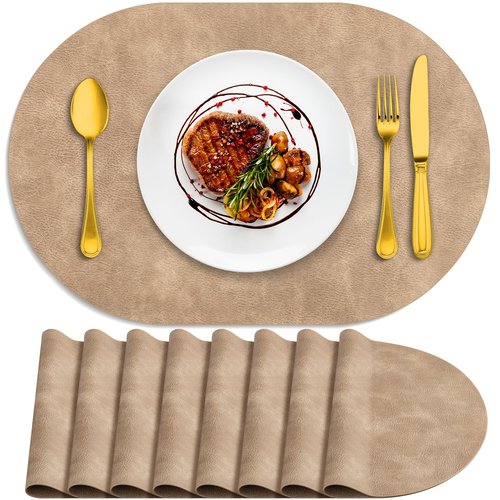 ADRIMER Placemats, Heat Resistant Oval Placemats Set of 8 Washable 12 x 17 Inch, Waterproof Table Placemats Set of 8, Wipeable Faux Leather Placemats for Kitchen, Dining Room, Apricot