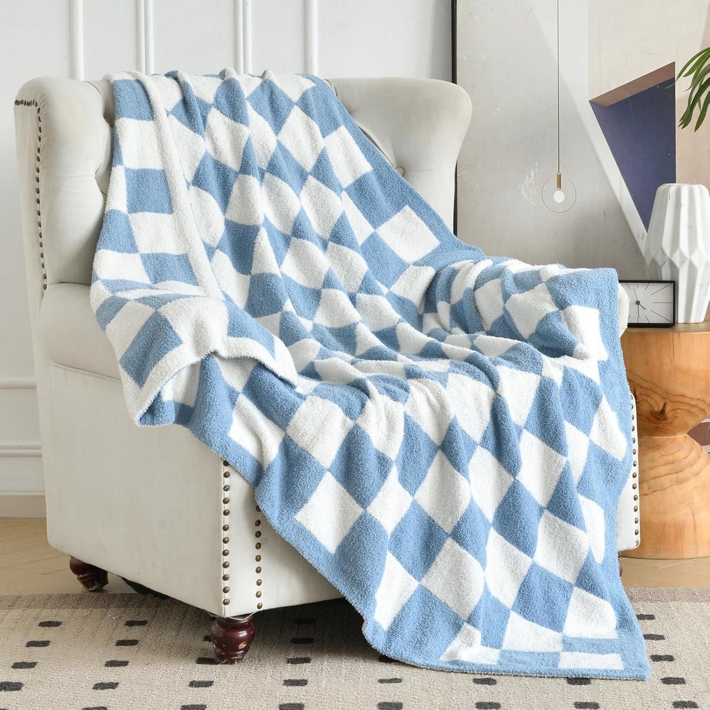 Skiennix Checkered Knitted Throw Blanket - Cozy Fluffy Plaid Design for Couch & Bed | Lightweight 50"x60" Blue