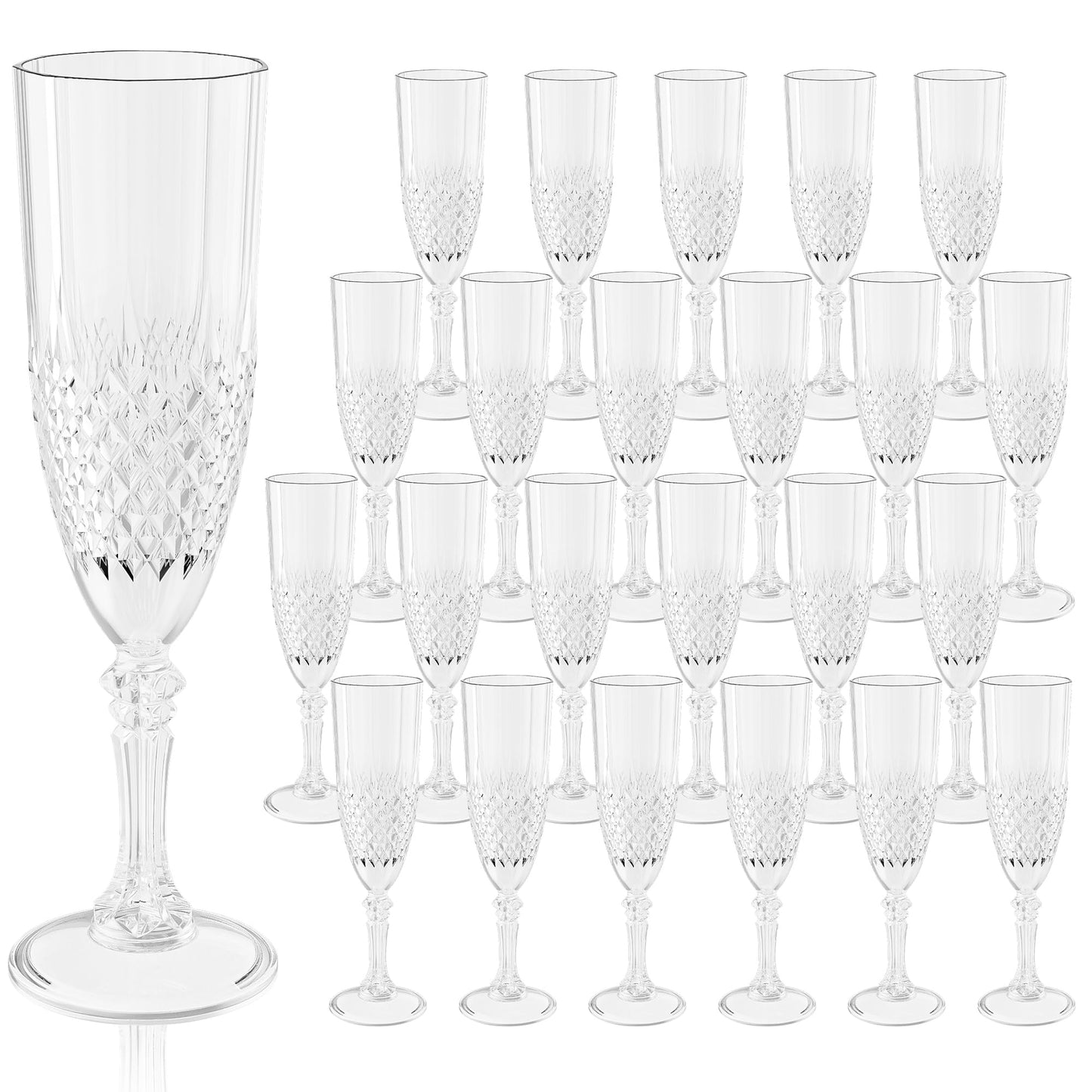 LEYIQU Plastic Champagne Flutes, Champagne Glasses Bulk, Reusable Unbreakable Acrylic Wine Glasses Goblets for Weddings Bachelor Parties Toasting Bridal Shower (24,Transparent)