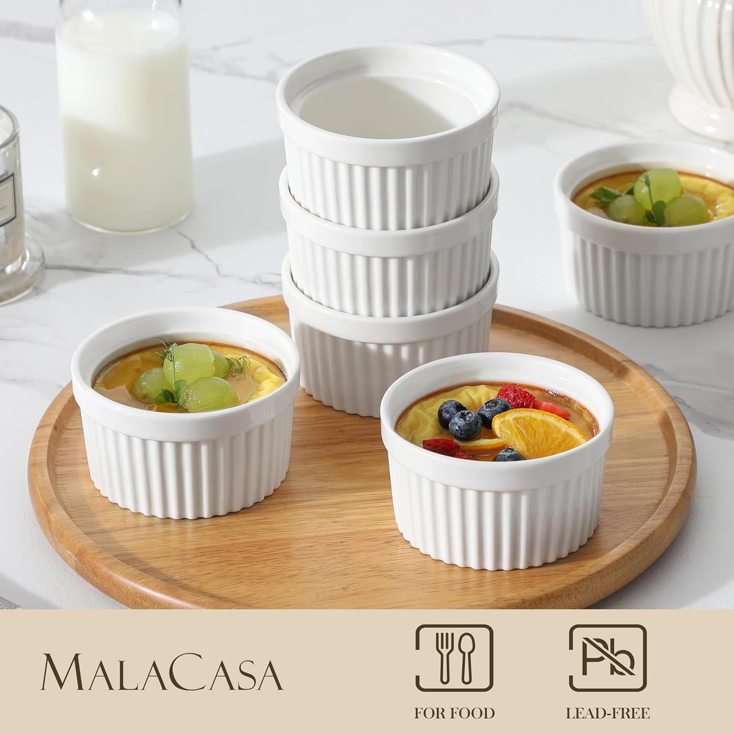 MALACASA Ramekins - 8 Oz Oven Safe Porcelain Baking Cups for Creme Brulee & Pudding | Set of 6 White