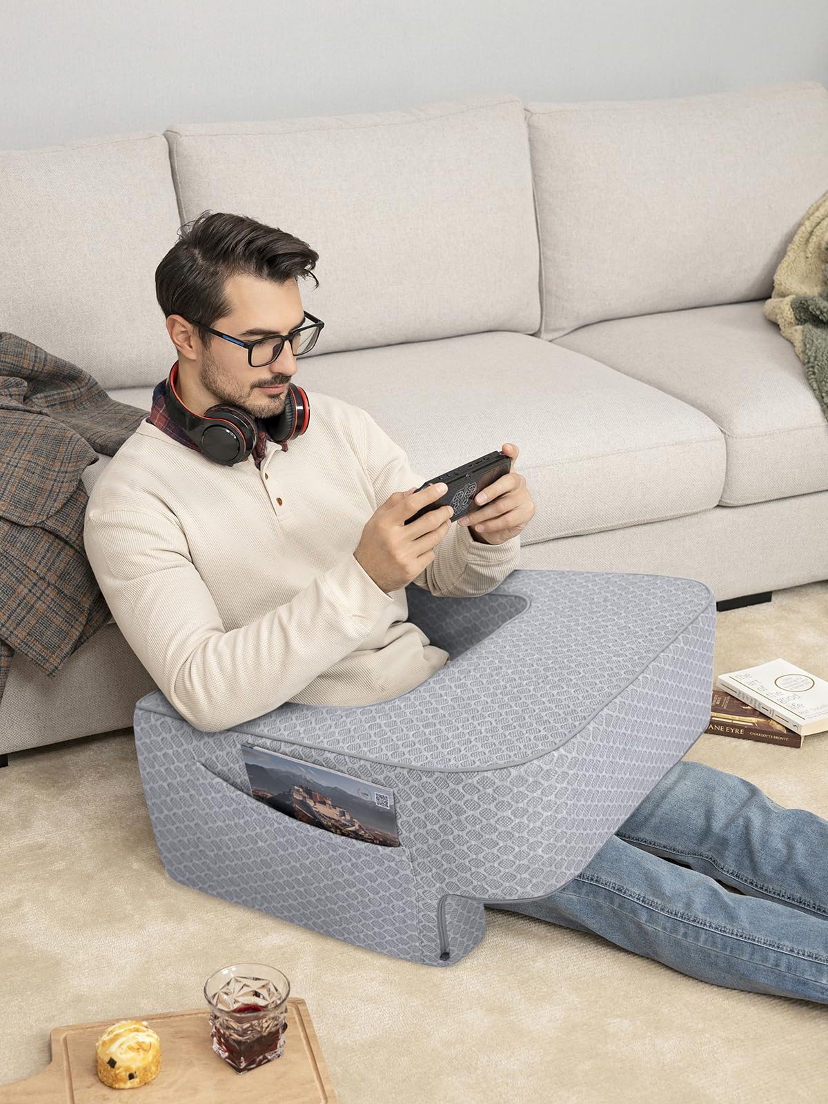 Comfyt Reading Pillow with Foam, Large Lap Desk Pillow with Pocket Arm Rest Pillow can Reading Working in Bed Floor Sofa Back Support for Sitting Up in Bed with Washable Cover