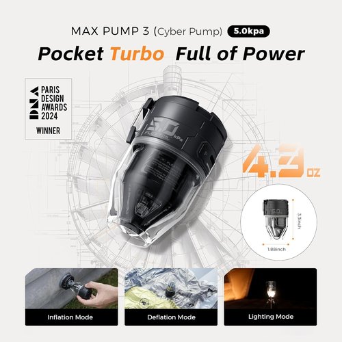 FLEXTAILGEAR Max Pump 3 - Portable Electric Air Pump for Inflatables | 500L/min with Camping Light