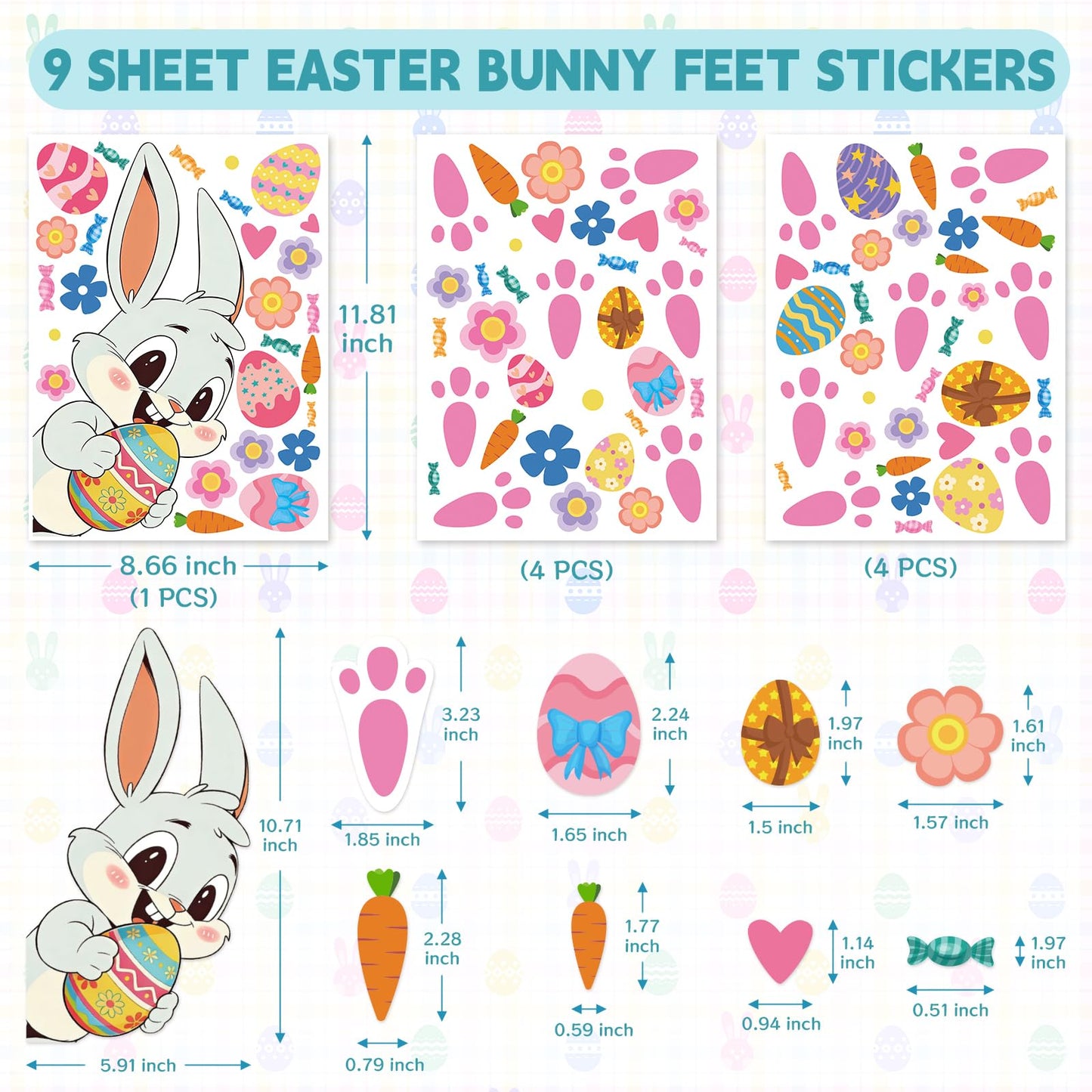 GULWAT 299 PCS Easter Bunny Footprints Stickers for Floor, Cute Rabbit Footprints for Easter Hunting Games Bunny Paw Prints Floor Decals Clings Flower Carrot Holiday Party Home Wall Window Decorations