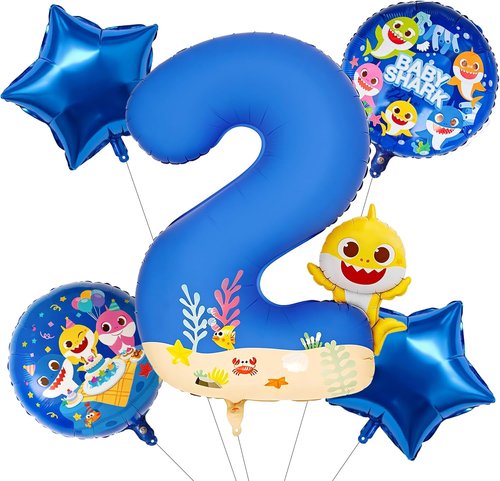 **PartyWoo Baby Shark Number 2 Balloon Set - 5pcs 18-Inch Blue Mylar Helium Balloons for Kids' Birthday**