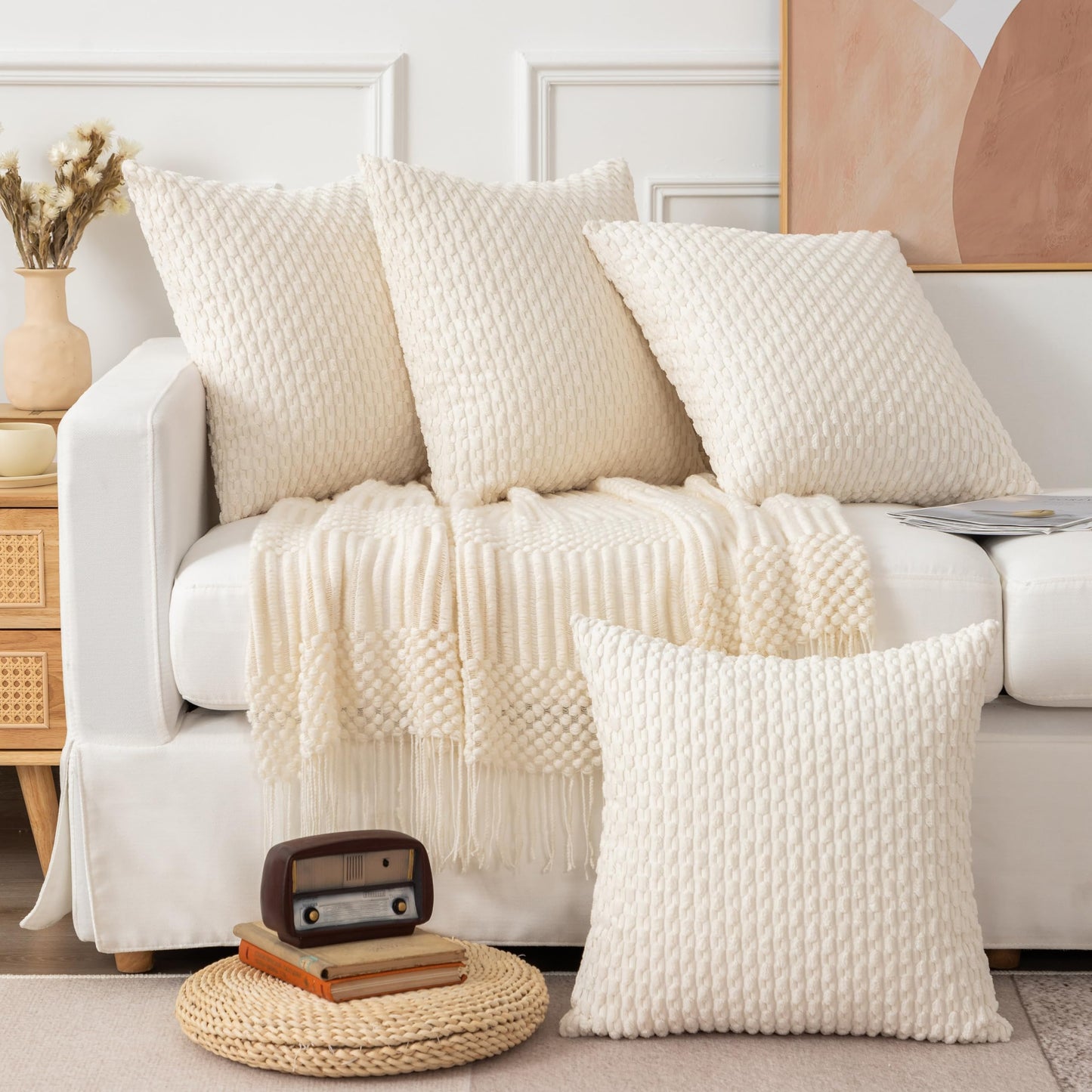 UGASA Soft Corduroy Decorative Pillow Cover 26x26 Inch Boho Striped Throw Pillow Cover Modern Home Decor for Sofa Living Room Couch Bed Cream White, 1 Piece