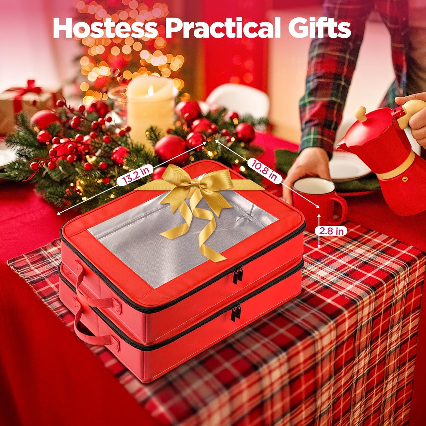 OUTXE 2 Pack 9x13 in Foil Pan Carrier with Lid, PU Leather Foil Pan Holder with Handle, Serving Tray for Food, Stackable Aluminum Pan Holder, for Travel, Potlucks, Parties, BBQ, Picnics, Home (Red)