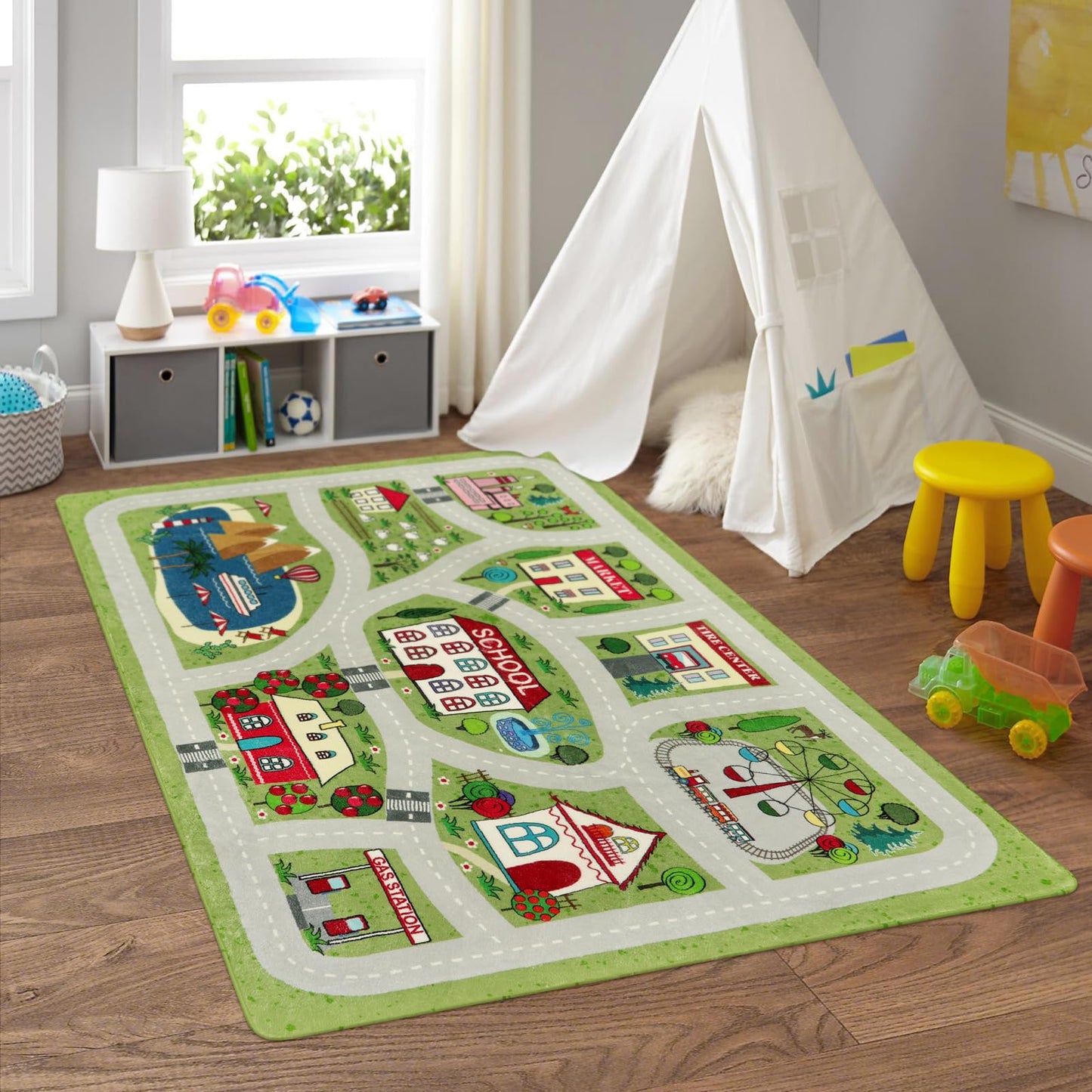 LIVEBOX Green Washable Playroom Rug, 4'x6' Non-Slip Soft Car Rug for Boys Room, Baby Nursery, Kids Floor Mats for Boys Girls Dorm Toy Room Tent