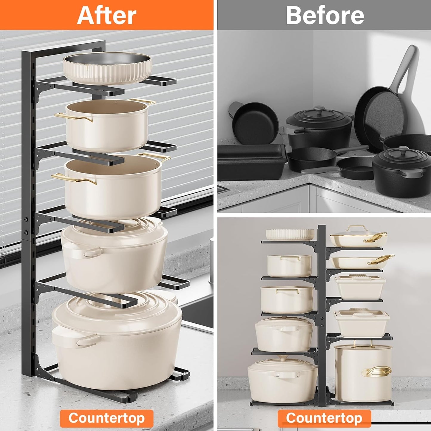 MUDEELA 10-Tier Pot and Pan Organizer - Heavy Duty Under Cabinet Storage, Adjustable Rack for Kitchen Use, 23.62" Height
