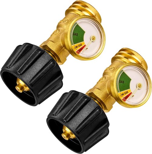 Flame King Propane Tank Gauge - Color-Coded Gas Pressure Meter | Glows in The Dark, Solid Brass (2-Pack)