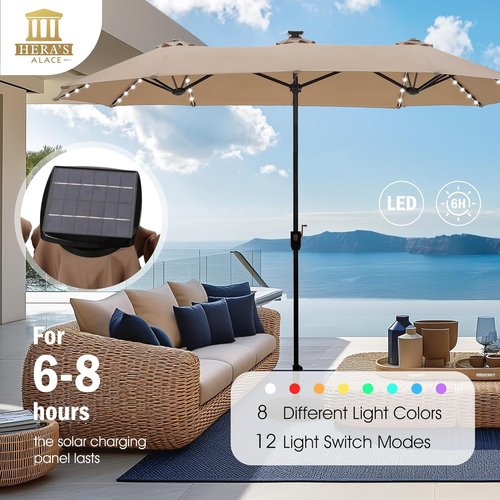 HERA'S PALACE 13ft Double-Sided Patio Umbrella - 120 LED Solar Lights | 8 Color Options for Garden & Pool