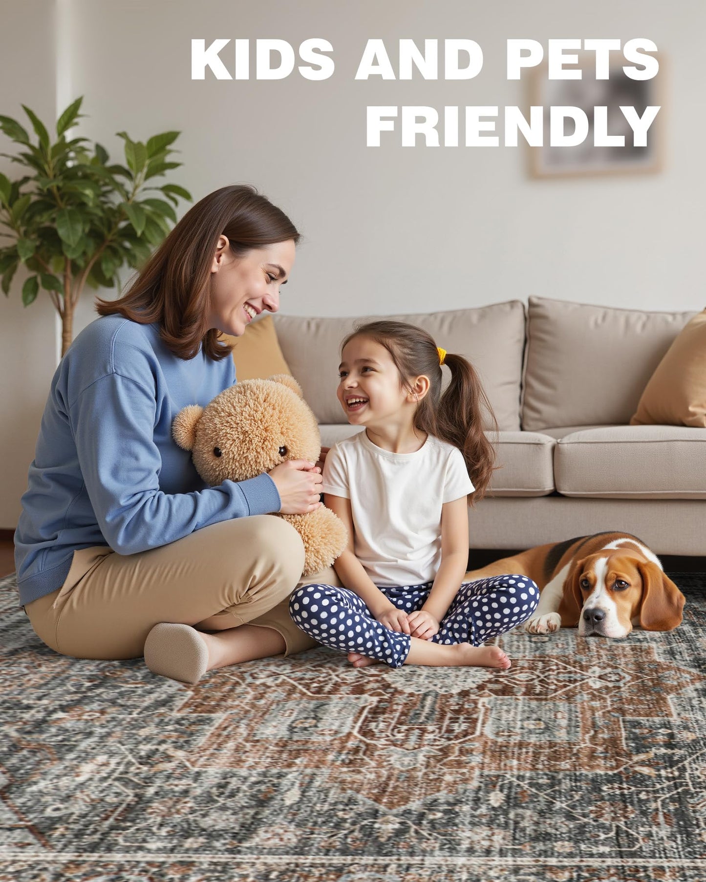 Roxstand 5x7 Area Rugs, Stain Resistant Machine Washable Area Rugs with Non-Slip Backing, Vintage Rugs for Bedroom, Living Room, Large Soft Low Pile Area Rug (Grey/Brown/Tan, 5'x7')