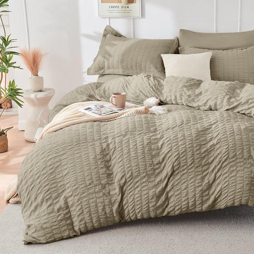 HYMOKEGE Queen Comforter Set - Luxury 7-Piece Linen Bedding Set with Seersucker Design | All-Season Comfort
