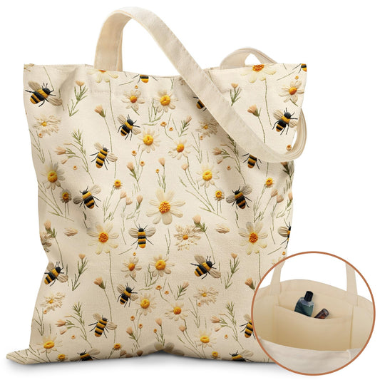 Miss Adola Canvas Tote Bag for Women - Aesthetic Canvas Totes with Pockets Cute Funny Design Ladies Reusable Cloths Shoulder Bag for Shopping Daily Work Casual, Flower Bee