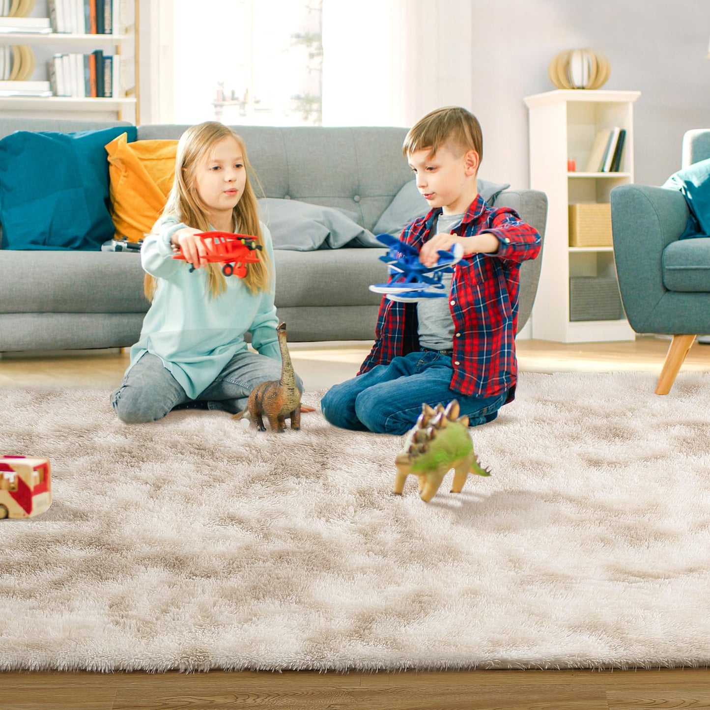 IMINROME Shaggy Area Rug Indoor Plush Fluffy Rugs, Modern Fuzzy Soft and Comfy Carpet Tie-Dyed Accent Rugs for Bedroom Living Room Kids Nursery Fluffy Area Rug, Beige Taupe, 5' x 8'