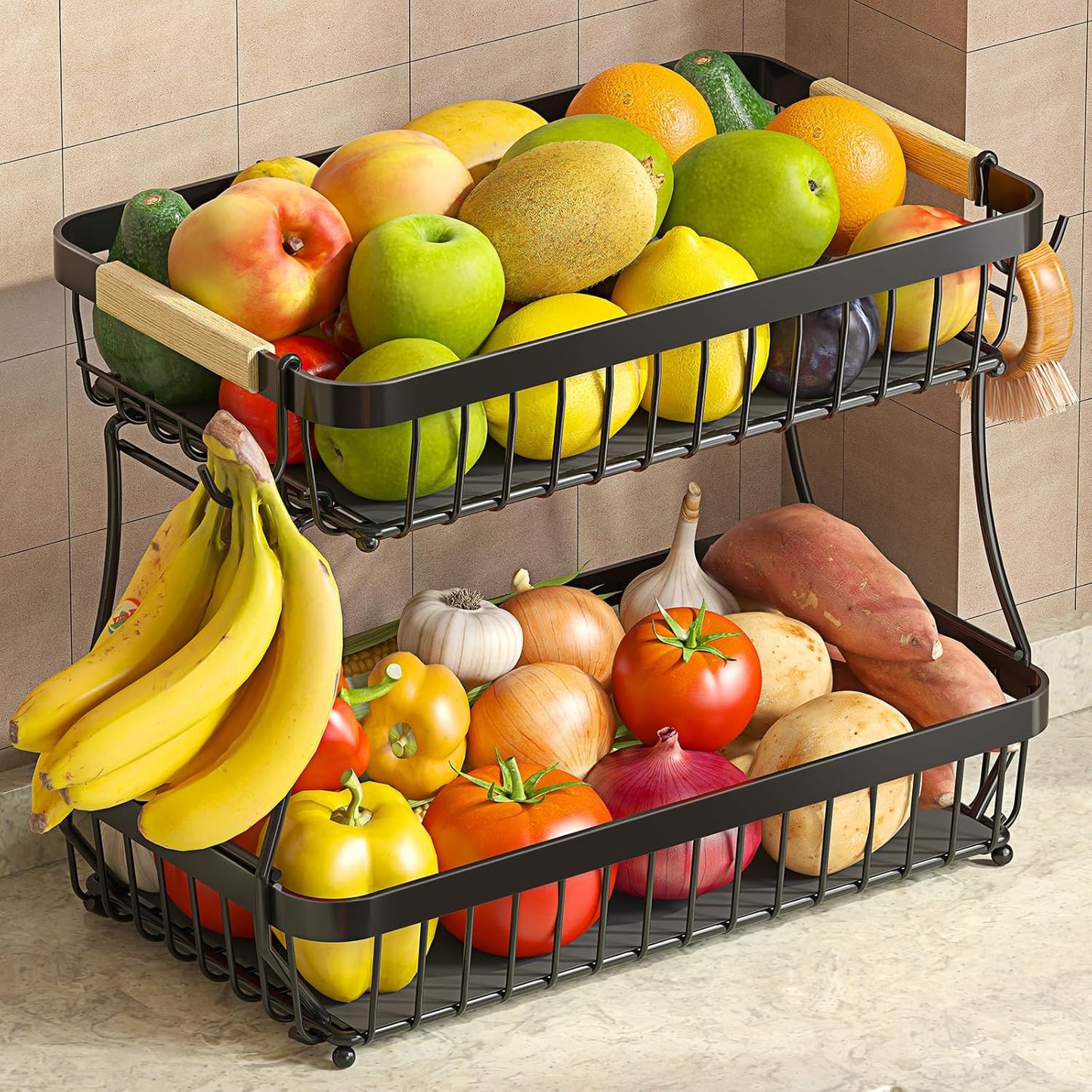Sevenblue 2-Tier Large Fruit Basket - Detachable Metal Bowl with Wooden Handle & Banana Hangers | Kitchen Counter Organizer