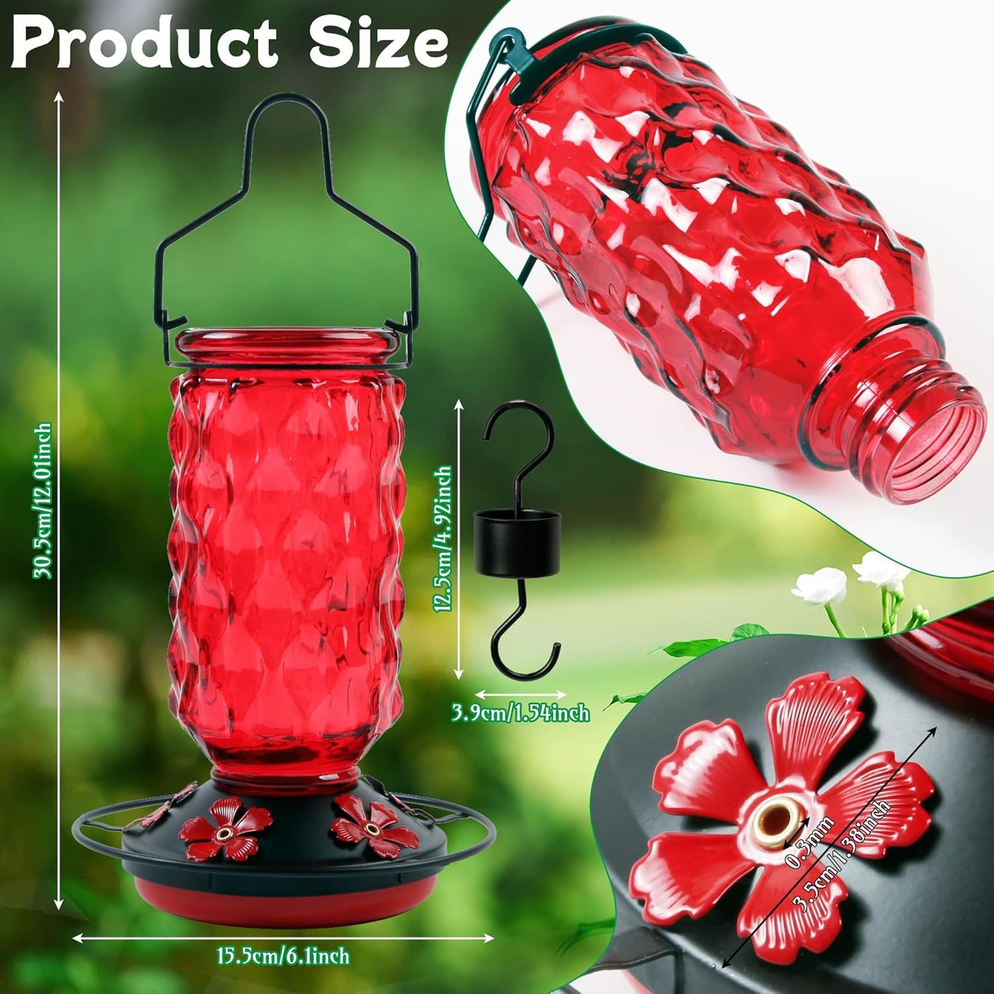 Skiennix Glass Hummingbird Feeder - 25 Oz Red Nectar Feeder with 5 Feeding Ports & Ant Moat | Ideal Garden Gift