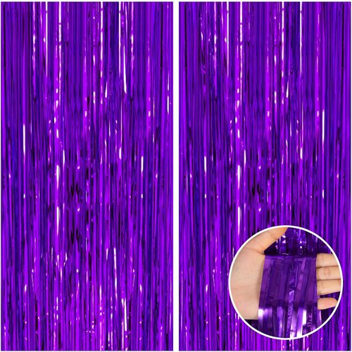 CANREVEL Purple Foil Fringe Backdrop Curtains - 2 Pack Tinsel Streamers for Parties & Events | 3.3x8.2 Feet