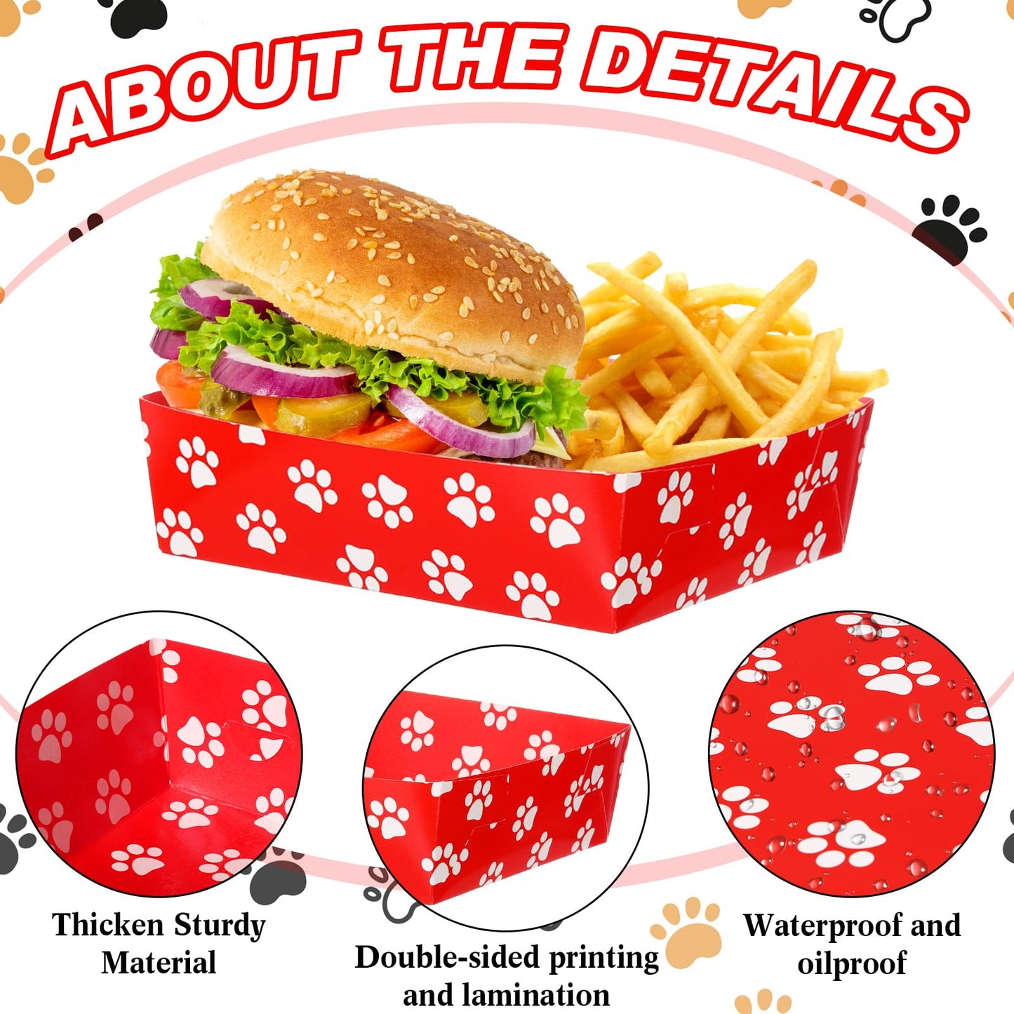 Mifoci 48 Pcs Dog Paw Print Food Trays 5 lb Large Puppy Theme Birthday Party Paper Plates Food Boats Disposable for Snack Burger Fries Party Supplies(Bright Color,Fun Style)