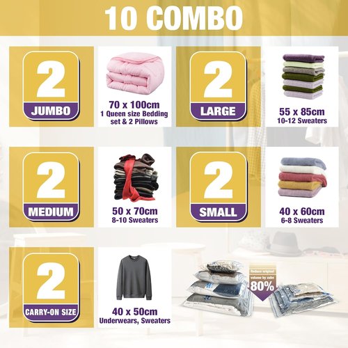 HIBAG Vacuum Storage Bags - 10-Pack Space Saver Bags for Clothing | Includes 2 Jumbo, 2 Large, 2 Medium, 2 Small, 2 Roll-Up with Pump