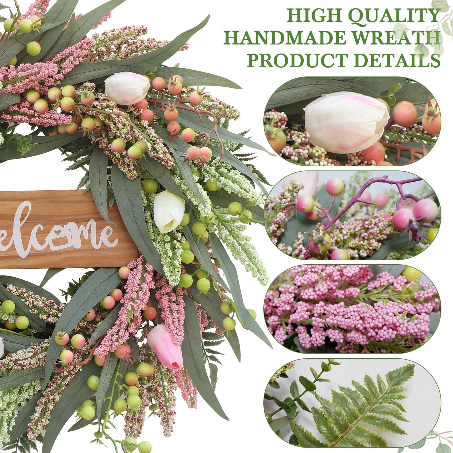 Wreaths for Front Door 20 Inch Spring Summer Tulip Wreath withTulip,Berries,Boxwood and Cattails Welcome Door Wreath, Porch, Window -Green Decor for Home, Farmhouse - Spring, Summer, Fall, All Seasons