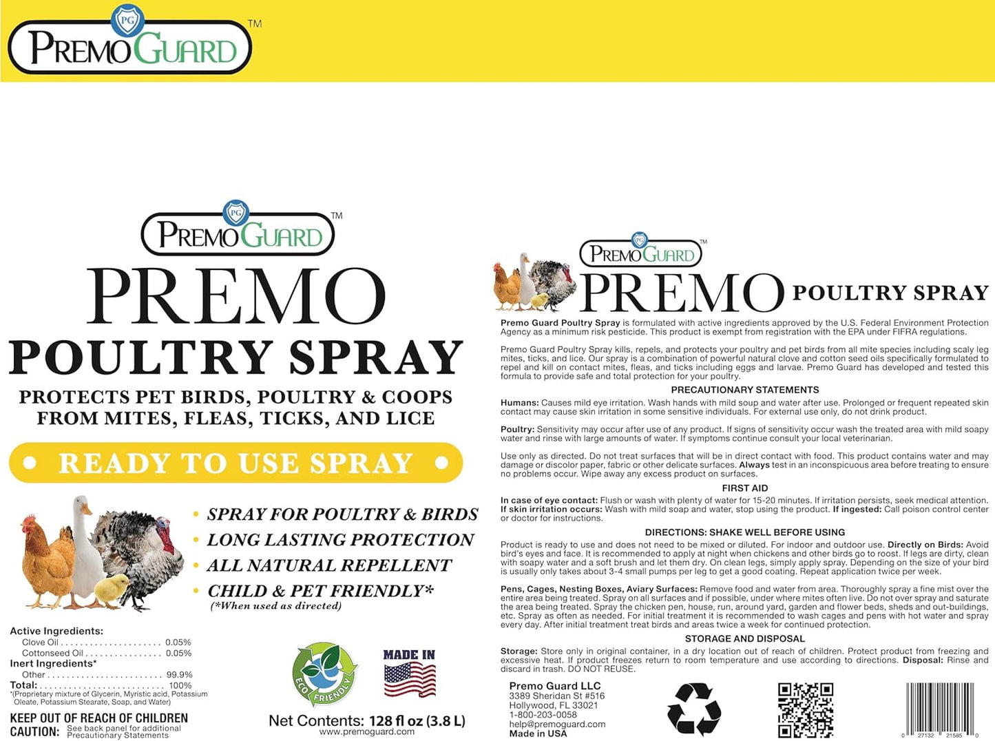 Premo Guard Poultry Spray - Natural Pest Control for Chickens - 128 oz | Kills Mites, Fleas, & Lice Safely
