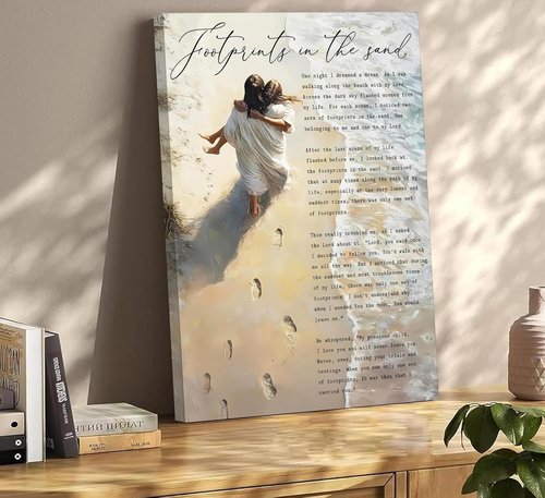 Footprints In The Sand Canvas Wall Art - Christian Inspirational Painting of Jesus & Woman | 12x16in Framed Decor