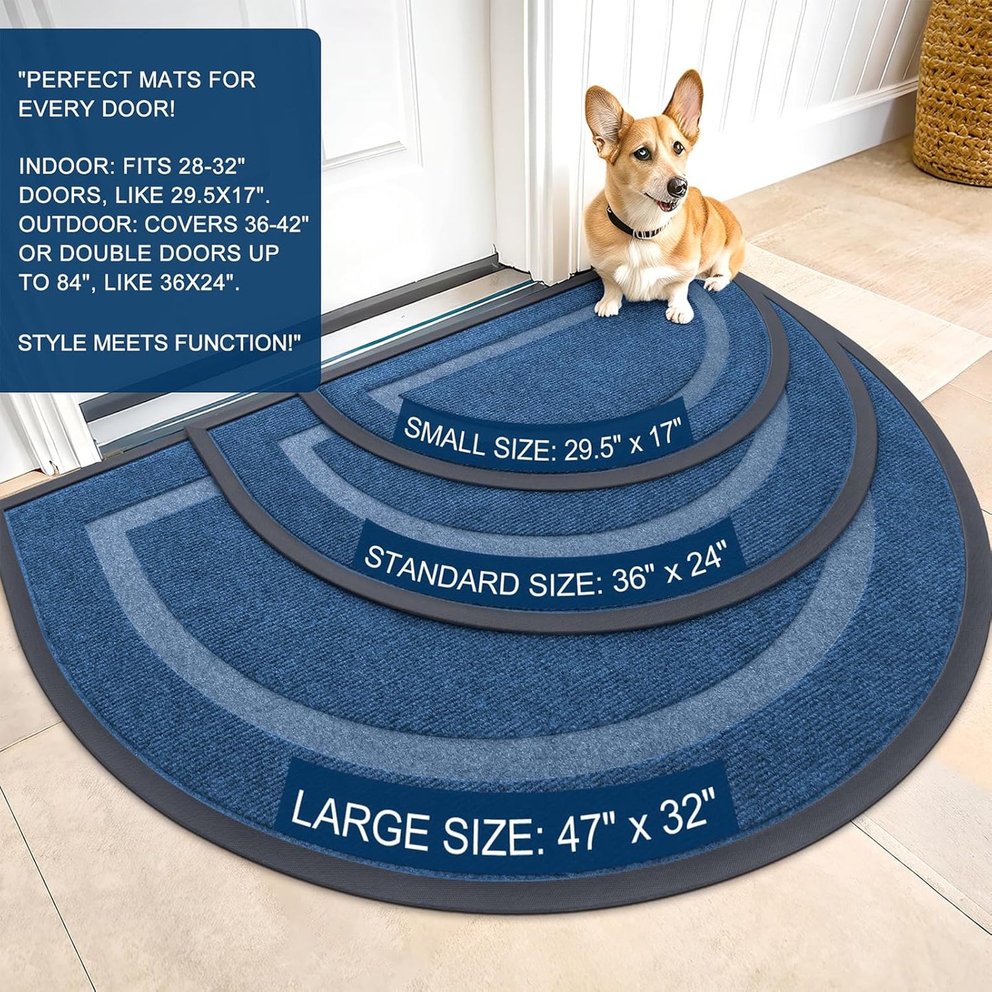 OLANLY Half Circle Door Mat - Waterproof All-Season Welcome Mat | Sturdy Natural Rubber, 47x32, Light Blue