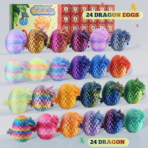 EIMONEY 3D Printed Dragon Egg Advent Calendar - 24PCS Realistic Movable Dragons | Multicolor Design for Kids & Adults