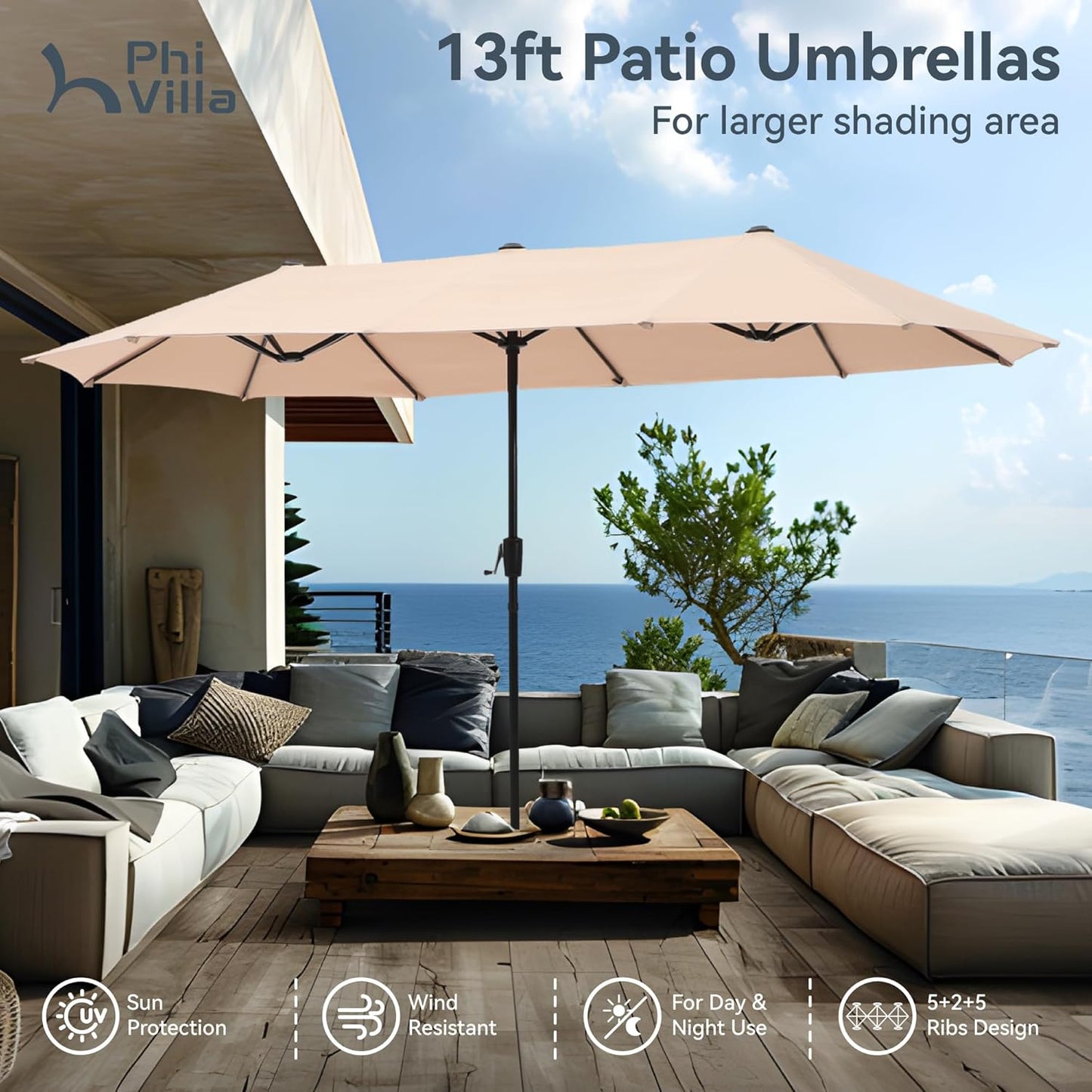 PHI VILLA 13ft Double-Sided Patio Umbrella - Crank Mechanism, Stylish Beige Design