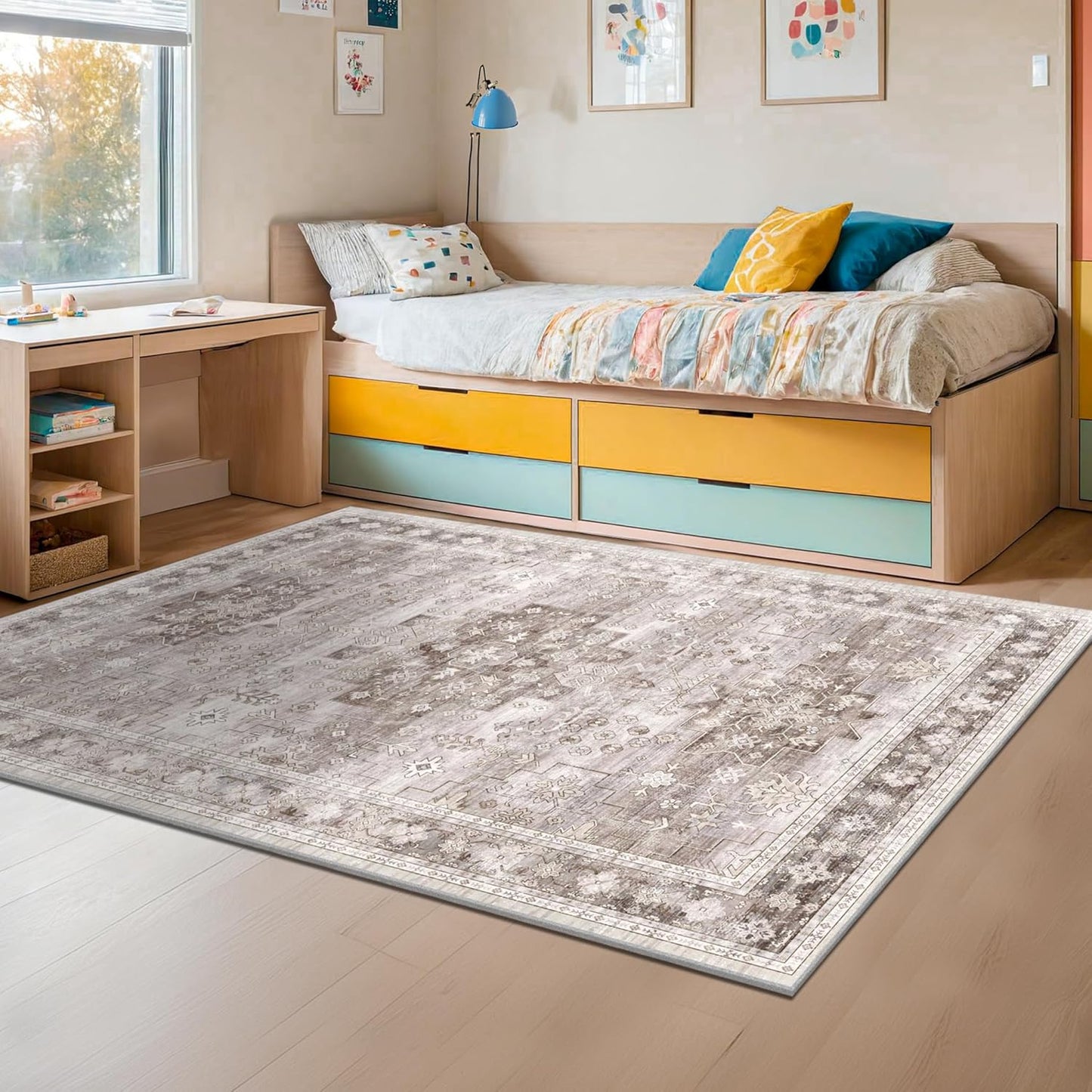 Regine Switzerland Washable Farmhouse Living Room Rug - 6x9 Non-Slip Floral Design in Beige/Latte