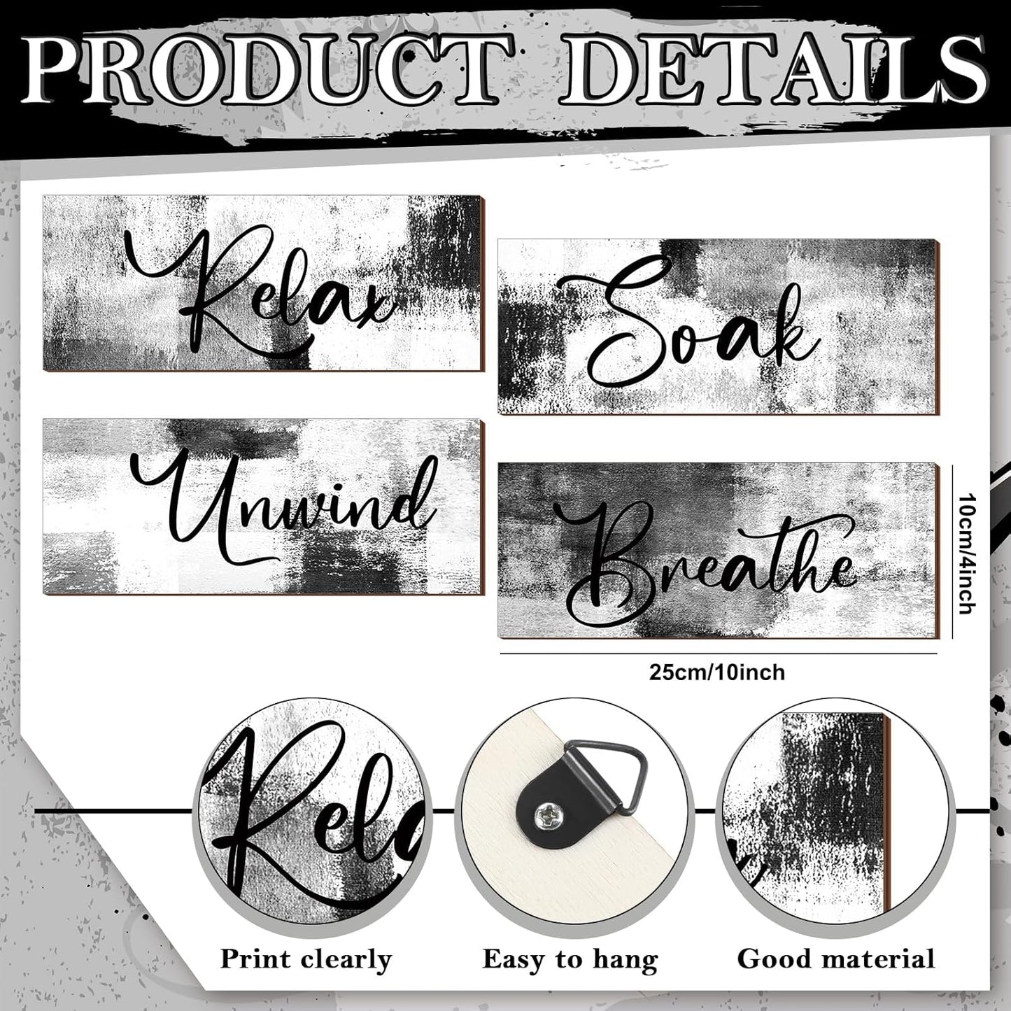 Maitys Bathroom Wall Art - 4 Pcs Rustic Wood Decor for Soak & Unwind | 10 x 4 Inch Black & White Signs
