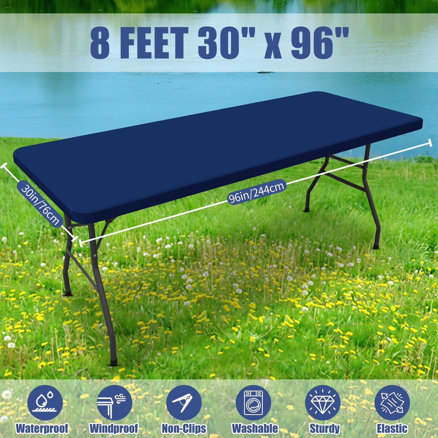 Moosfor Spandex 8 Foot Rectangle Table Cloth 6 Pack, Elastic Fitted Tablecloths for Picnic, Stretch Washable Patio Table Cover for Outdoor, Camping, Banquet and Parties (Navy, 30"x96")